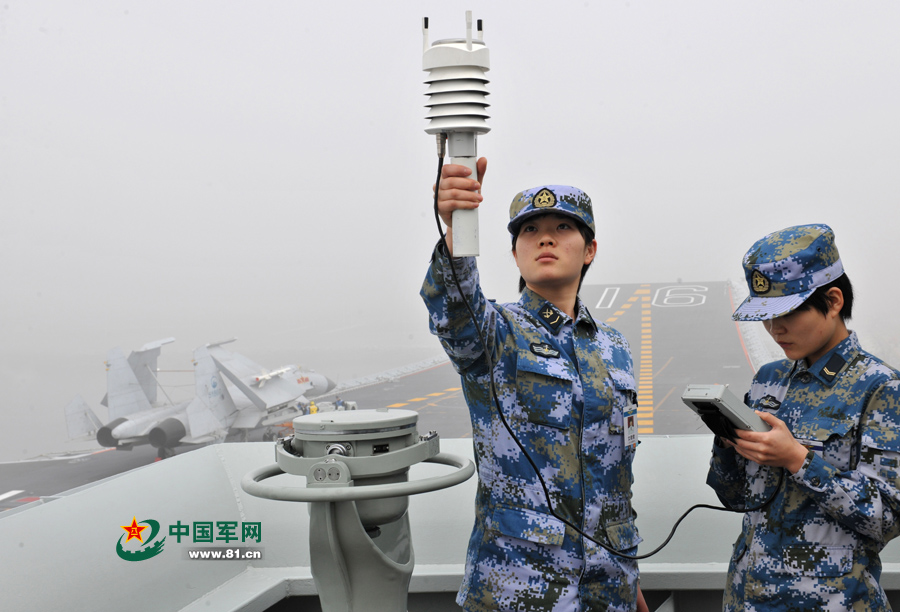 飛行前氣象值班女艦員進行風(fēng)力參數(shù)測定。本網(wǎng)通訊員 王松岐 攝